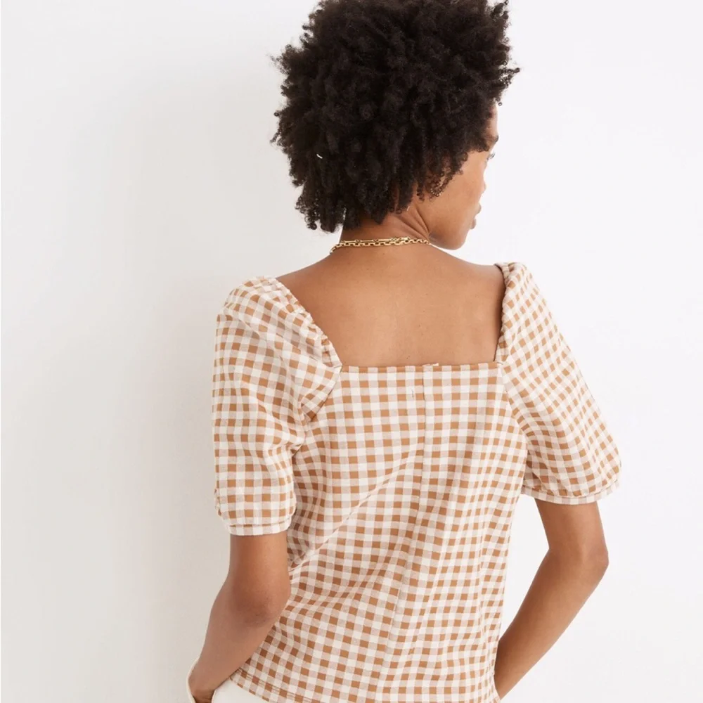 Madewell Gingham Jacquard Square-Neck Puff-Sleeve Top